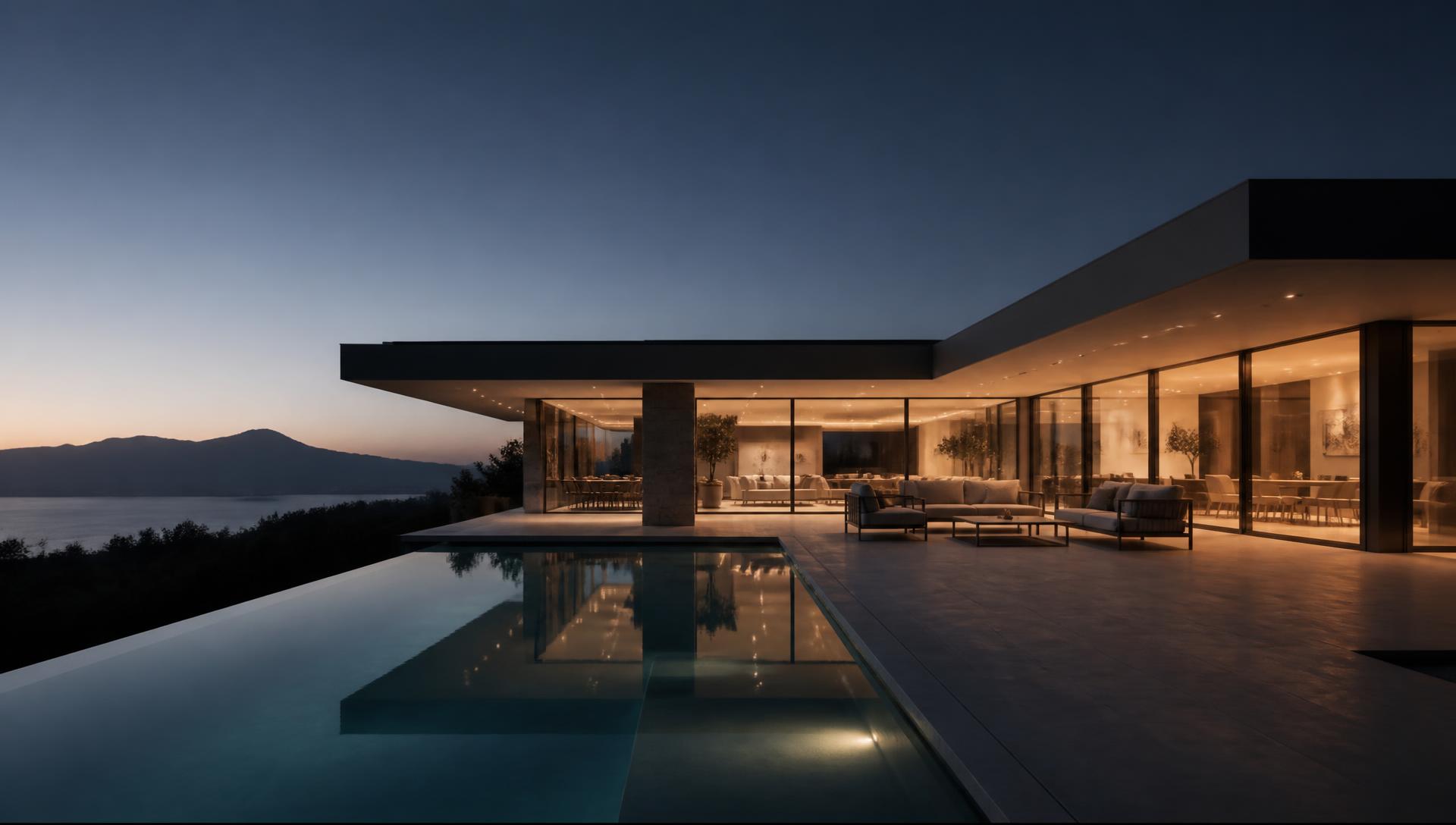 Cinematic view of a modern villa at dusk, lit from within