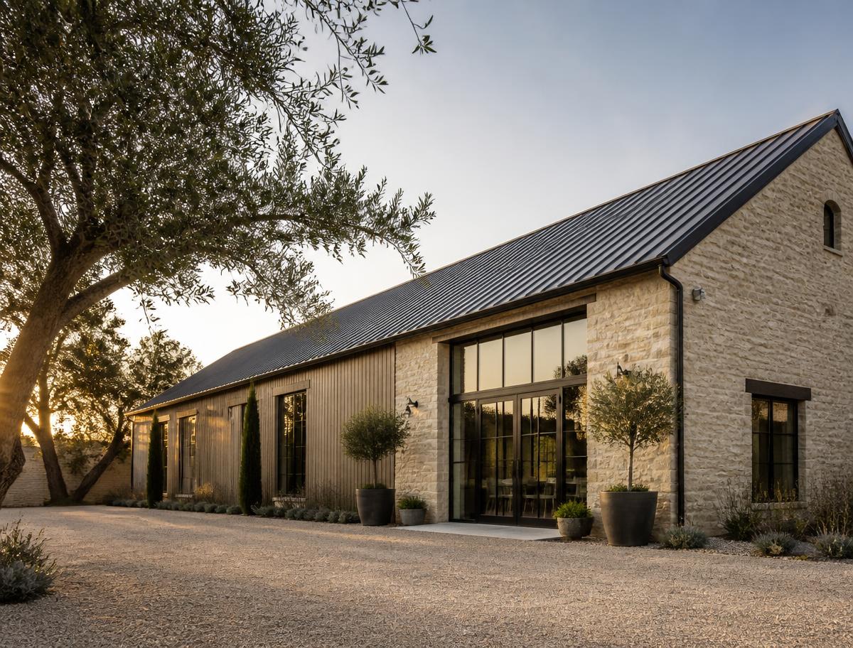 Stone and timber venue exterior at golden hour